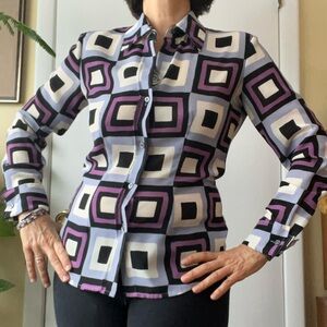 New York & Company Purple and Black Geometric Button Down Shirt